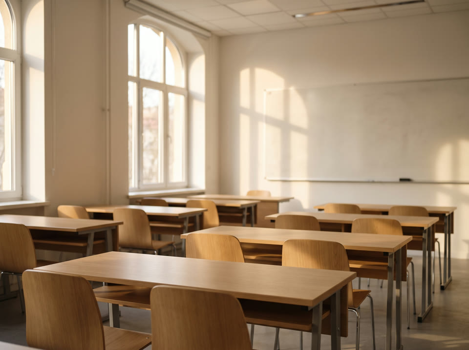 Aula vacía de una academia con pupitres y pizarra