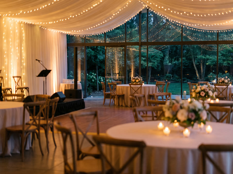 Salón decorado con guirnaldas de luces y mesas redondas preparado para un evento