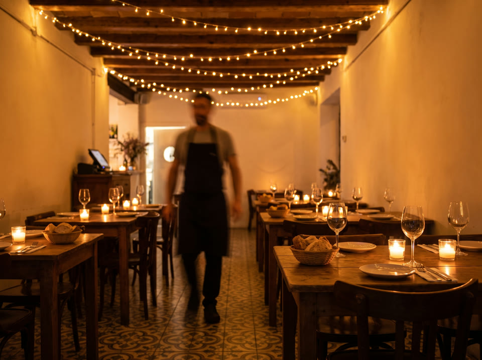 Sala de un restaurante con mesas preparadas para el servicio