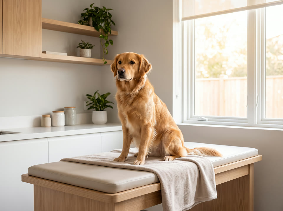 Sala de espera cálida de una clínica veterinaria